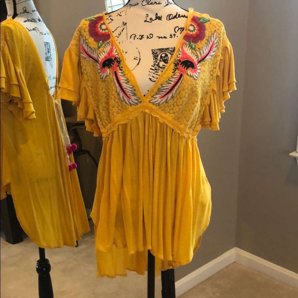 Free People Embroidered Yellow Floral Top